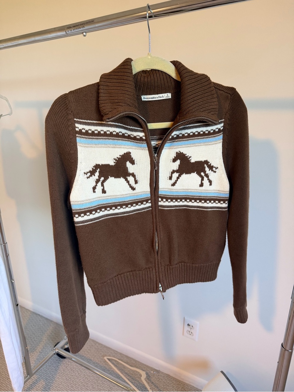 NWOT Abercrombie & Fitch Brown Zip-Up Cardigan with Cream & Light Blue Trim